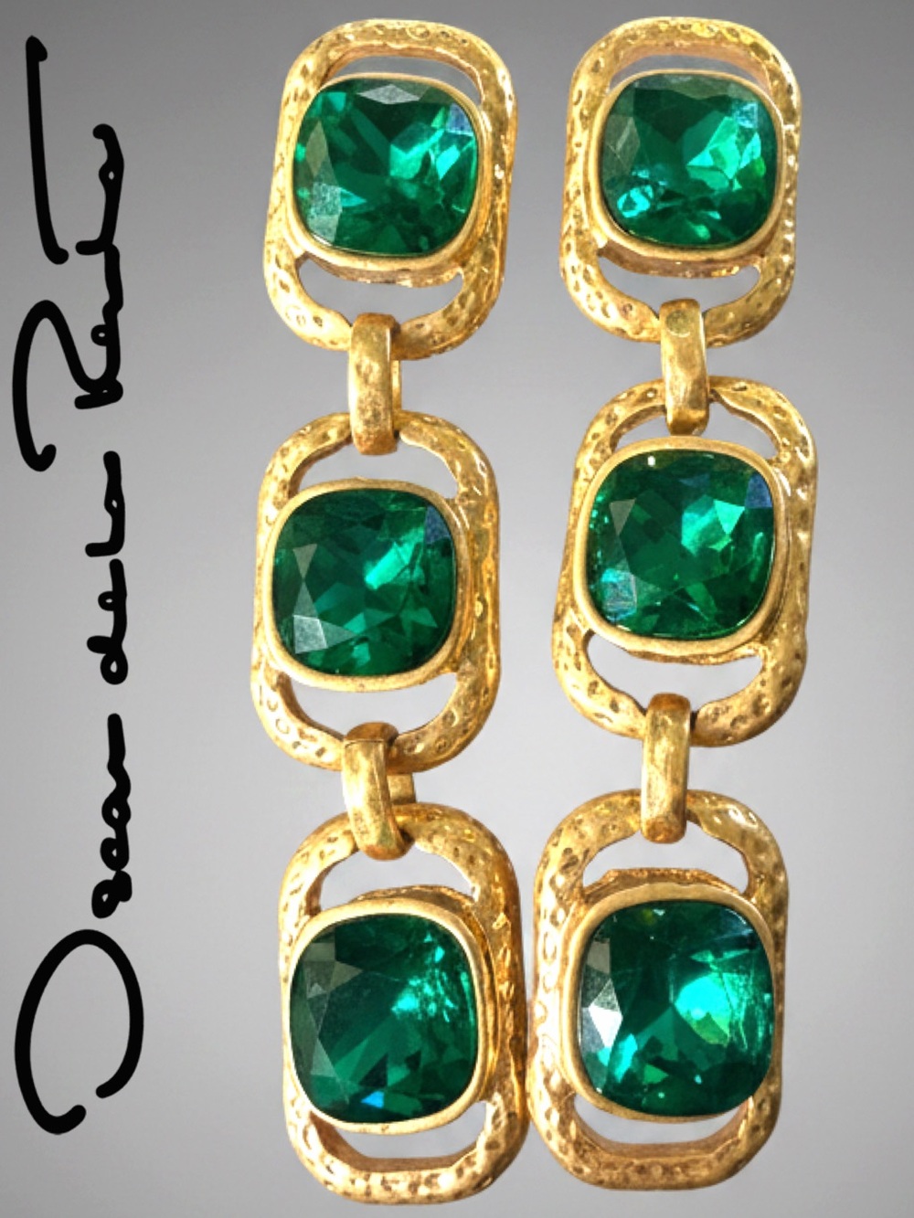 Oscar de la Renta Emerald Green Earrings Linked Crystal Drop Earrings-❇️ CLIP ON